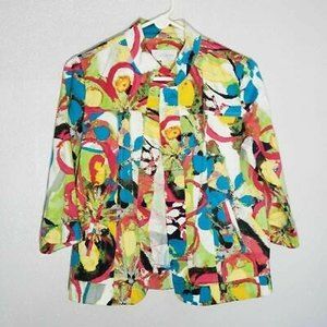Erin London Womens Open Front Jacket Multicolor Floral Stretch Ruffle Trim S